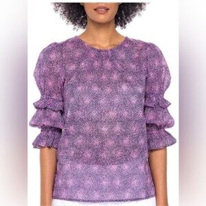 Banjanan Chloe top Petal Power Blueprint Purple blue Ruffle Sleeve Top cotton